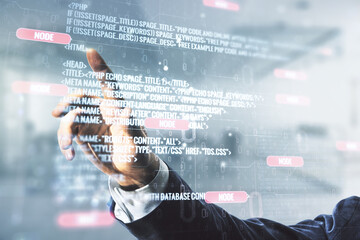 Aufkleber - Multi exposure of businessman hand clicks on abstract graphic coding sketch on blurred office background, big data and networking concept