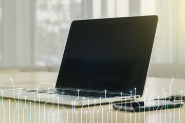Aufkleber - Double exposure of circuit hologram on laptop background. Research and development hardware concept