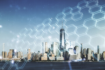 Poster - Double exposure of abstract virtual technology hologram with hexagon on New York city skyscrapers background. Research and development software concept