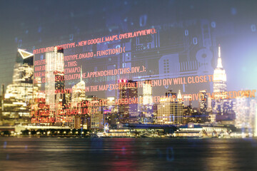 Poster - Abstract virtual coding illustration on New York cityscape background, software development concept. Multiexposure