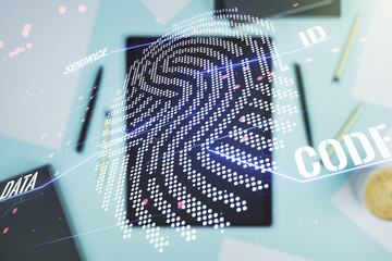 Fototapete - Multi exposure of abstract graphic fingerprint sketch and modern digital tablet on desktop on background, top view, fingerprint scan data concept