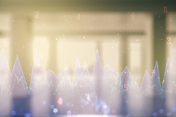 Poster - Multi exposure of abstract statistics data hologram interface on abstract empty interior background, computing and analytics concept