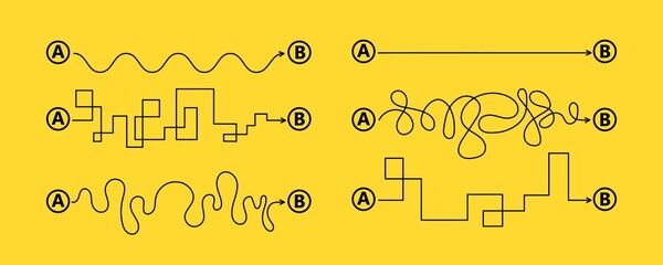 Set of difficult and easy simple way process from start to end. Vector card illustration with path to success outline art concept. The road from point a to point b. Right and wrong way with messy line