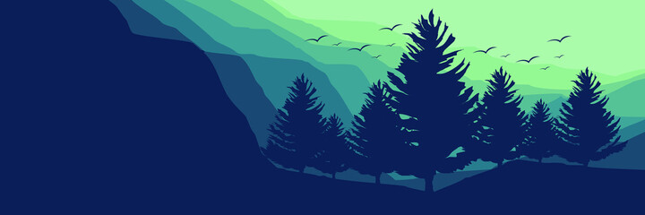 Wall Mural - forest at mountain cliff flat design vector banner template good for web banner, ads banner, tourism banner, wallpaper, background template, and adventure design backdrop