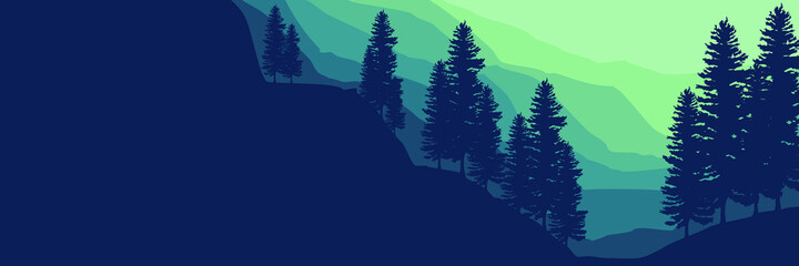 Wall Mural - forest at mountain cliff flat design vector banner template good for web banner, ads banner, tourism banner, wallpaper, background template, and adventure design backdrop