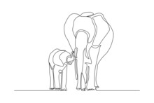 Continuous Line Of Baby Elephant And Mom. Single One Line Art Parent Elephant And Kids Vector Illustration
