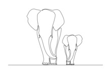 Continuous Line Of Baby Elephant And Mom. Single One Line Art Parent Elephant And Kids Vector Illustration