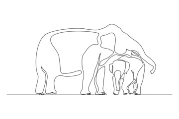 Wall Mural - Continuous line of baby elephant and mom. Single one line art parent elephant and kids vector illustration