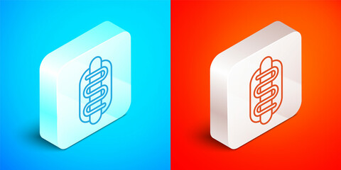 Sticker - Isometric line Hotdog sandwich icon isolated on blue and red background. Sausage icon. Fast food sign. Silver square button. Vector