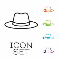 Poster - Black line Man hat with ribbon icon isolated on white background. Set icons colorful. Vector