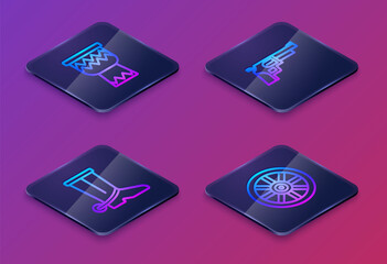 Sticker - Set Isometric line Drum, Cowboy boot, Revolver gun and Old wooden wheel. Blue square button. Vector