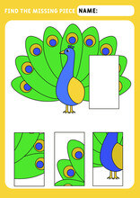 Find The Missing Piece And Complete The Picture. Puzzle Kids Activity. Animals Theme. Little Cute Peacock. Activity For Pre School Years Kids. Educational And Logical Game For Kids.  A4 Paper Ready