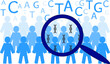 Illustration of human population carrying DNA under magnifying glass - population genetics and genetic studies