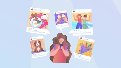 Poster - social media posting concept. moving woman with smartphone in her hands shares photos on her persona