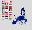 The European Union map and all the countries flags of the member countries of the European Union
