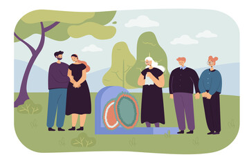 Poster - Cartoon family in mourning clothes crying at headstone. Sad grandmother at tombstone, people in graveyard flat vector illustration. Death, funeral concept for banner, website design or landing page