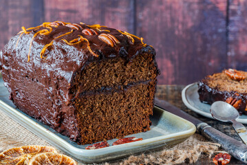 Sticker - Homemade ginger loaf cake with plum marmalade, pecan nuts and chocolate ganache