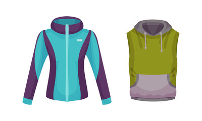 Sportive Zippered Track Jacket with Long Sleeves and Sleeveless Vest with Hood Vector Set