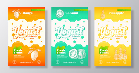 Canvas Print - Fruits and Berries Yogurt Label Templates Set. Abstract Vector Dairy Packaging Design Layouts Collection. Modern Banner with Hand Drawn Pineapples, Mango and Coconut Sketches Background. Isolated