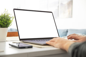 Poster - Man working on a laptop with a blank screen at his desk