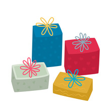 Set Of Gifts In Boxes With Bows And Ribbons. Flat Vector Illustration