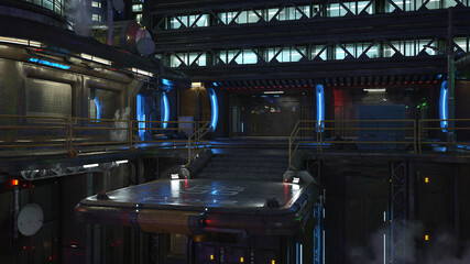 Aufkleber - Photo realistic 3D illustration of a dark moody night scene in a futuristic cyberpunk city centre with high rise apartment buildings.