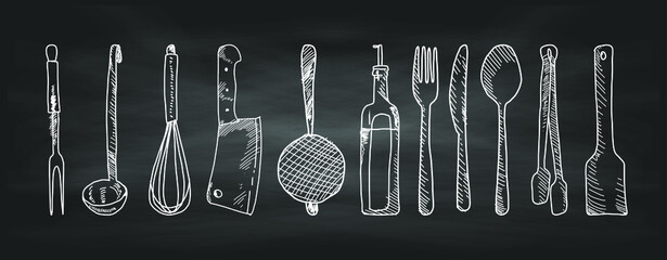 Hand drawn set of kitchen utensils on a chalkboard. Items, drawing.  Easily Editable Vector. EPS 10.
