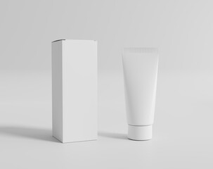 blank white cosmetic tube with a box, mock up tube packaging of cream