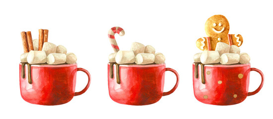 big red cup with hot drink and marshmallows. cocoa, chocolate. three decoration options. cinnamon, g