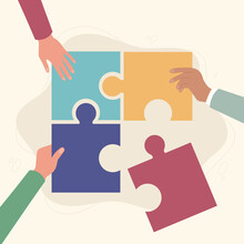 Group Of People Holding In Hands A Piece Of Jigsaw Puzzles And Putting Them Together. Cooperate And Collaborate, Teamwork And Success Concept Design. Collect Puzzles And Parts Connect.