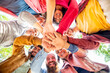 © blackandbrightph - directly below portrait of happy diverse large group of multicultural friends holding hands making high five stacking them together outdoors. convivial people having fun. friendship, lifestyle concept
