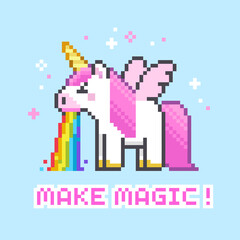 Poster - Make Magic - Pixel art rainbow Unicorn vector illustration. Cute cartoon white unicorn with wings puking rainbow. 8-bit humorous greeting card or poster design