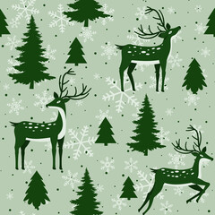 Wall Mural - Christmas seamless texture with deer, fir trees and snowflakes for print and web design.