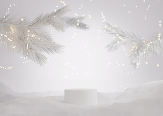 Wall Mural - 3D podium display, white Christmas background for product presentation or text.  Christmas lights with snow and pedestal showcase with Christmas tree. Studio abstract, winter 3D render.