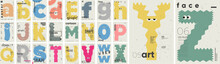 Big Set. Poster Layout Design. Letters Alphabet. Cute Monsters. Template Poster, Banner, Flyer.