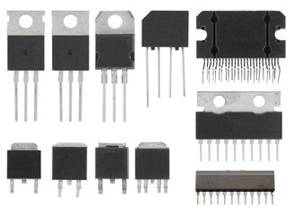 Poster - microcircuits, radio components, electronic components, components for electronics, on a white background, collage