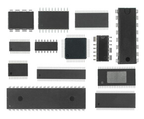Poster - microcircuits, radio components, electronic components, components for electronics, on a white background, collage