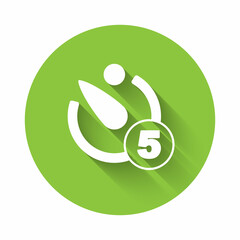 Poster - White Camera timer icon isolated with long shadow. Photo exposure. Stopwatch timer 5 seconds. Green circle button. Vector
