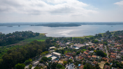 Aerial view of the Interlagos district. Beautiful houses and a view of the Guarapiranga dam