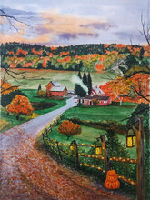 Hand Drawn Watercolor Painting Of Welcoming Halloween. Landscape Painting With Scienic Country Side In Autumn
