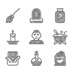 Sticker - Set Priest, Bottle with potion, Funny and scary ghost mask, Halloween witch cauldron, Chocolate bar, Burning candle, Eye jar and Witches broom icon. Vector