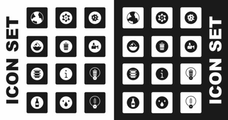 Poster - Set Bomb explosion, Trash can, Carton cardboard box, Worldwide, Factory production, Test tube and flask, and Bowl icon. Vector