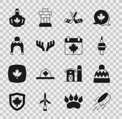 Sticker - Set Hockey puck, Beanie hat, TV CN Tower in Toronto, Ice hockey sticks, Deer antlers, Winter, Bottle of maple syrup and Canada day with leaf icon. Vector