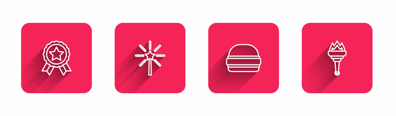 Canvas Print - Set line Medal with star, Firework, Burger and Torch flame with long shadow. Red square button. Vector