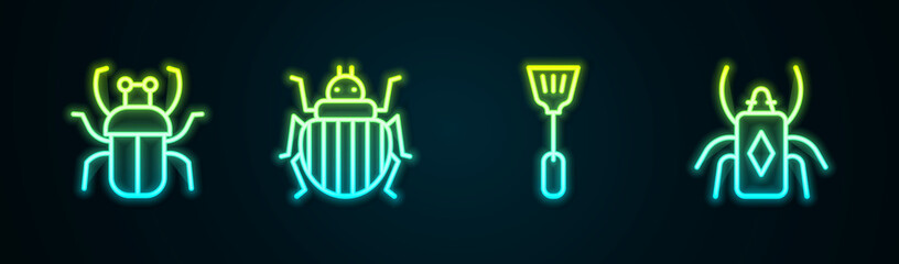 Sticker - Set line Stink bug, Colorado beetle, Fly swatter and Beetle. Glowing neon icon. Vector