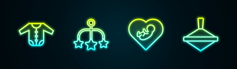 Poster - Set line Baby clothes, crib hanging toys, inside heart and Whirligig. Glowing neon icon. Vector