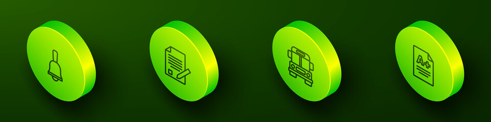 Poster - Set Isometric line Ringing bell, Exam sheet and pencil, School Bus and with A plus grade icon. Vector