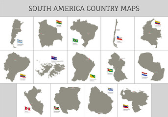Wall Mural - south america country maps with waving flags set. highly detailed editable gray map silhouettes of s