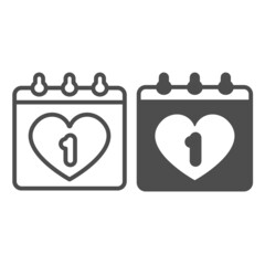 Fototapete - Calendar sheet with heart and first day of the month line and solid icon, love concept, dating vector sign on white background, outline style icon for mobile concept and web design. Vector graphics.