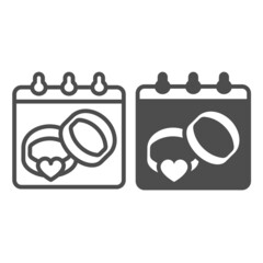 Fototapete - Calendar sheet with two wedding rings and heart line and solid icon, marriage concept, wedlock vector sign on white background, outline style icon for mobile concept and web design. Vector graphics.